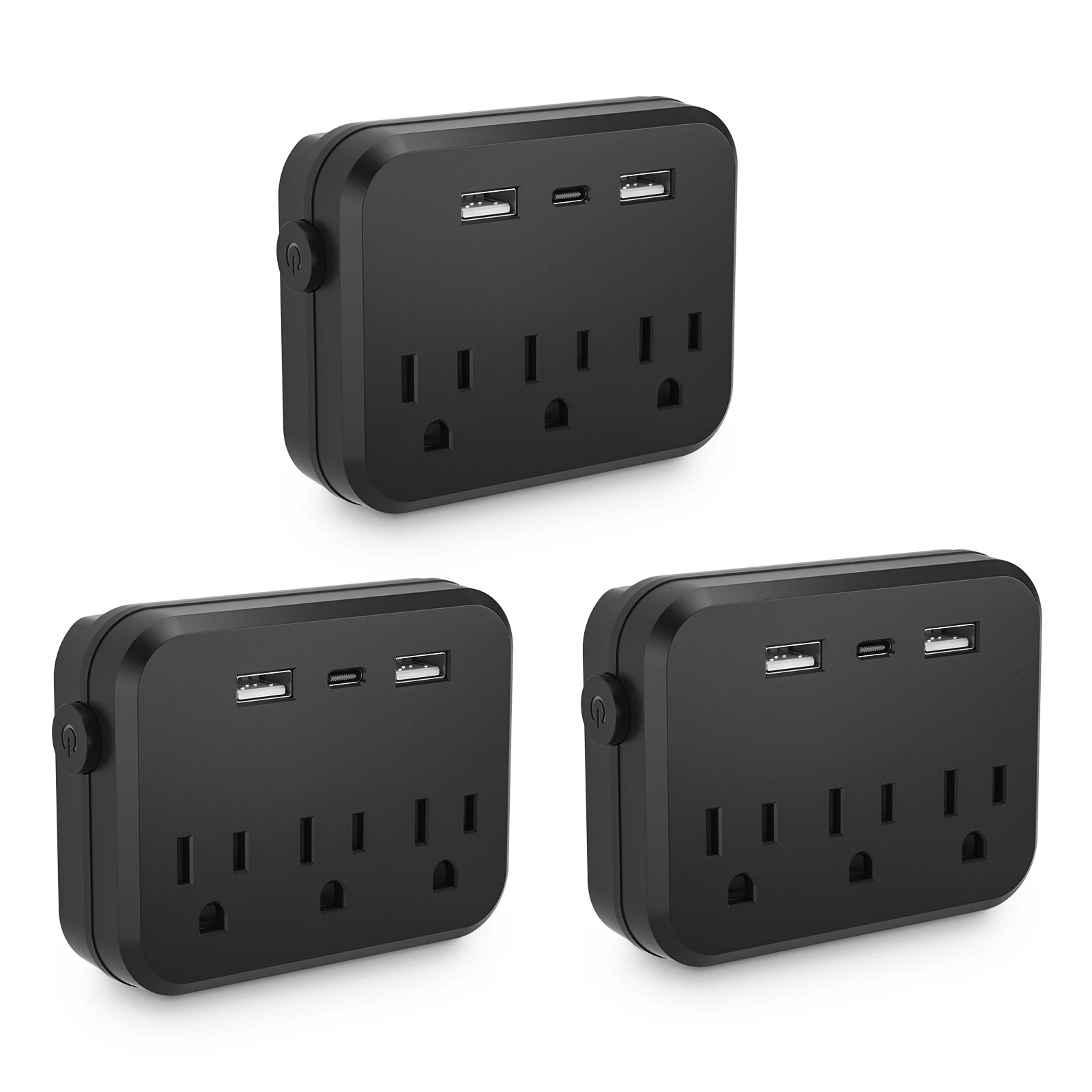 3 Pack,Mini Portable Switched 6-in-1 Multi-Function Power Outlet,3 sockets 2 USB 1 Type-C for Business Travel and Office, Black