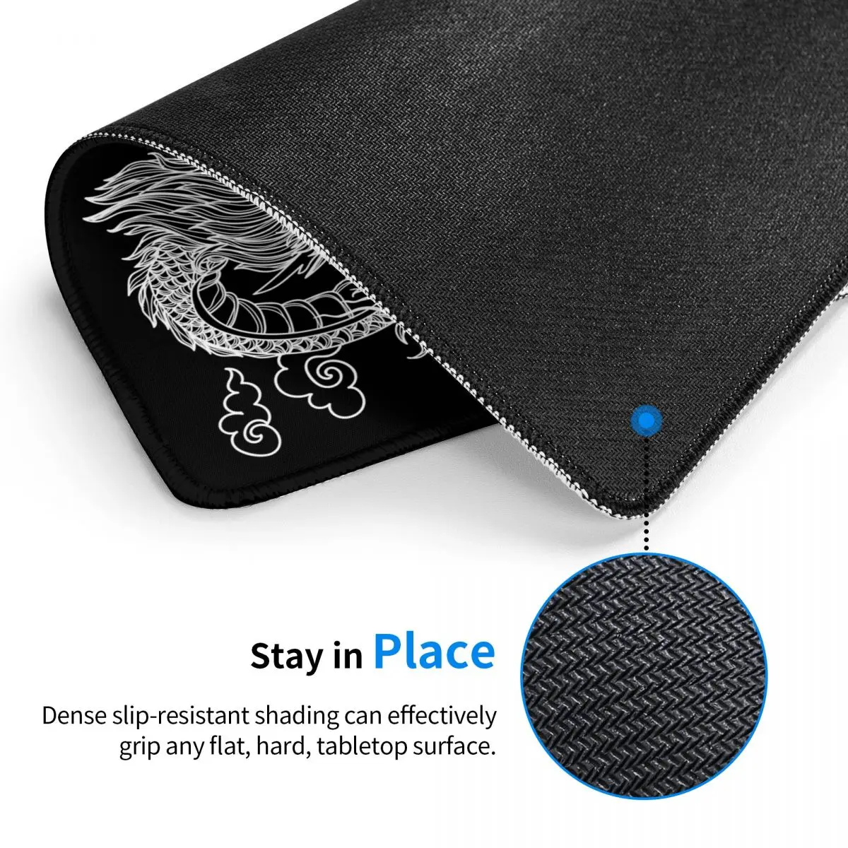 White Chinese Dragon Laptop Mouse Pad Square Mousepad with Stitched Edge Anti-Slip Rubber Mythical Monster Mouse Pads for Gaming