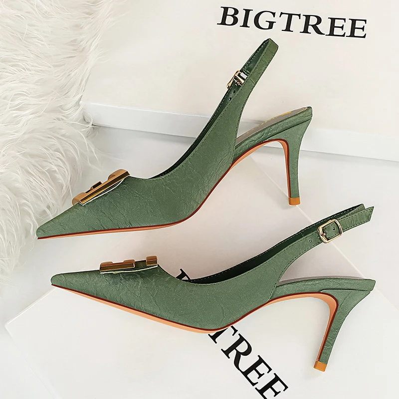 BIGTREE Shoes Pointed Toe Women Pumps Metal Square Buckle High Heels Stiletto Sexy Party Shoes Summer Women Sandals Size 42 43