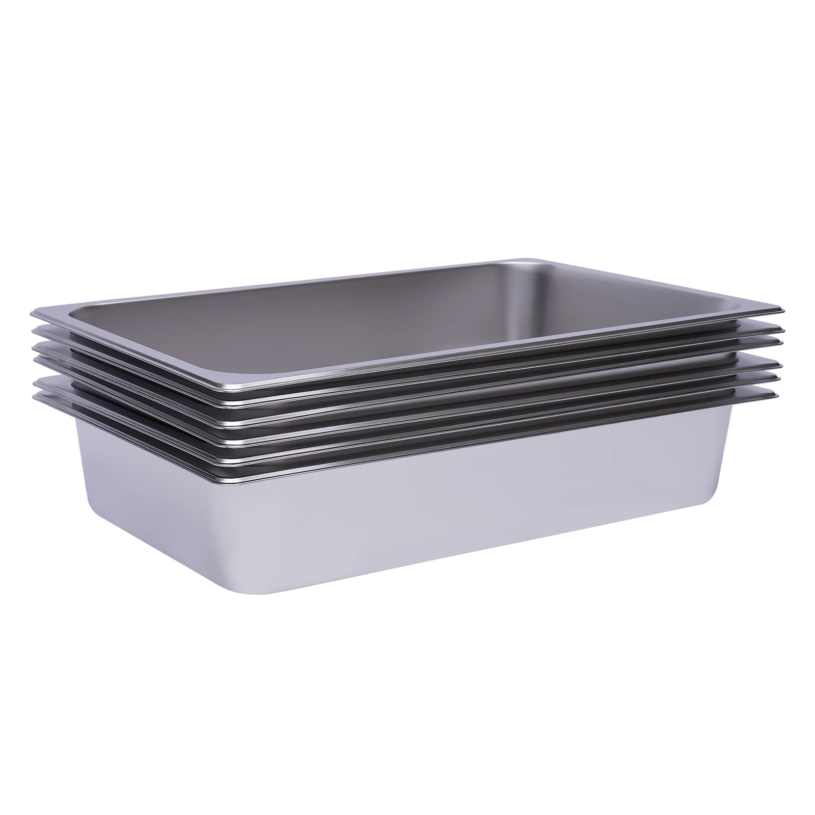6-Piece Large-Capacity Stainless Steel Steam Table Pan Set, 201 Stainless Steel, Rolled Edges, Electrolytic Surface for Safe