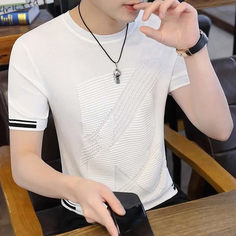 

ortsved Ice Silk T-irt Men's Slim Fit Summer Dr Cloth Geometric Pattern ort Sve Casual Top for Youth