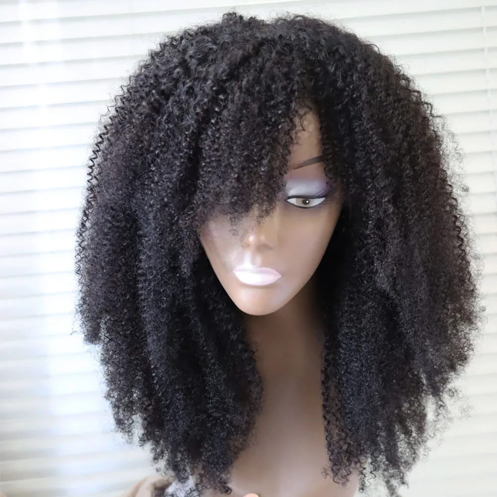 Aliexpress Afro Kinky Curly Virgin Brazilian Human Hair Machine Made Sew Wig with Bang  Curls Human Hair Wig for Black Women