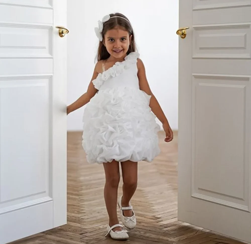 

Pleat One Shoulder Sleeveless A Line Short Formal Wedding Party Flower Girl Dress Mini Length Elegant First Communion Gown New