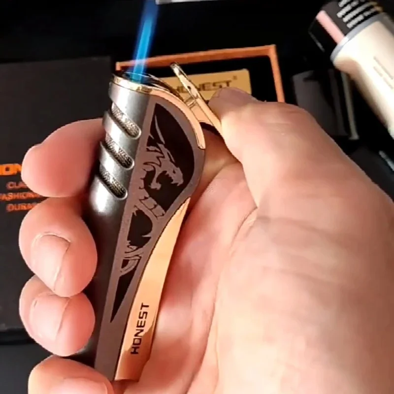 Dragon Etched Jet Torch Lighter Metallic Bronze Shell Visible Fuel Window Anti‑slip Outdoor Collectible Gadget Myth Beast
