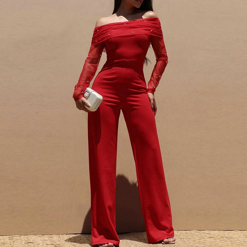 

2026 Spring New Off Shoulder Women's Jumpsuit Fashion High Waisted Solid Color Party Romper Pearl Mesh Splicing Pants Playsuit