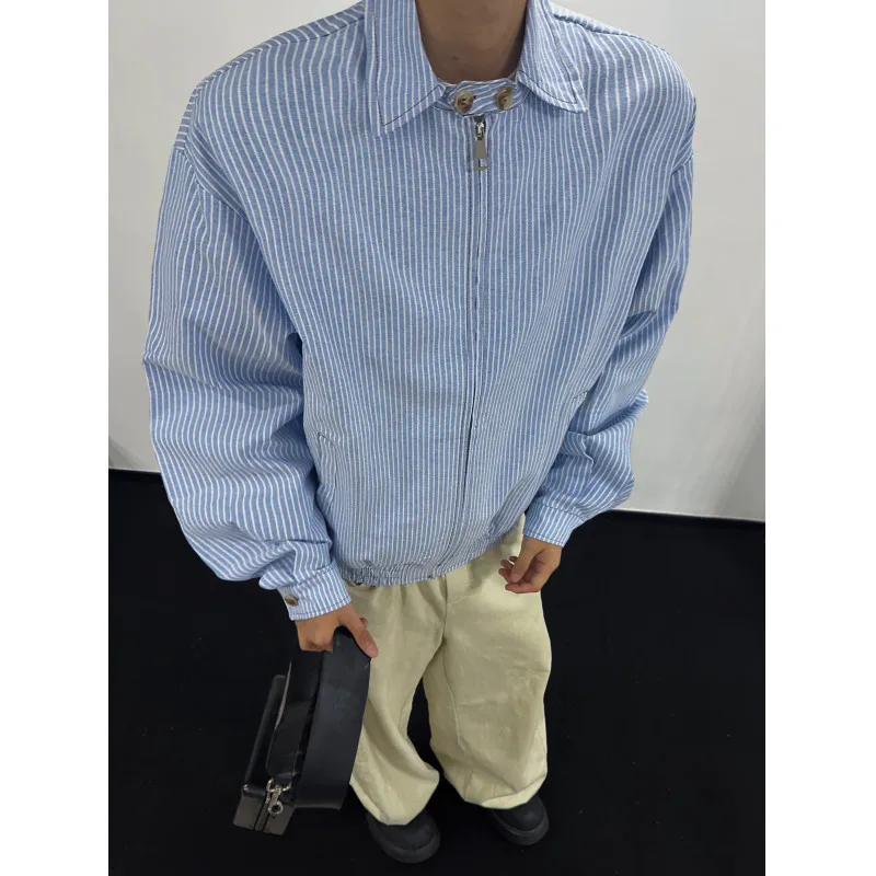 Men's Retro Blue Striped Oversized Zip Shacket Casual Loose-Fit Shirt Jacket Autumn New 2026 Srping Fashion Zip-Up Jacket Men