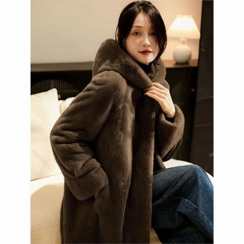 New hybrid fur coat women's hooded mid-length fleece light style