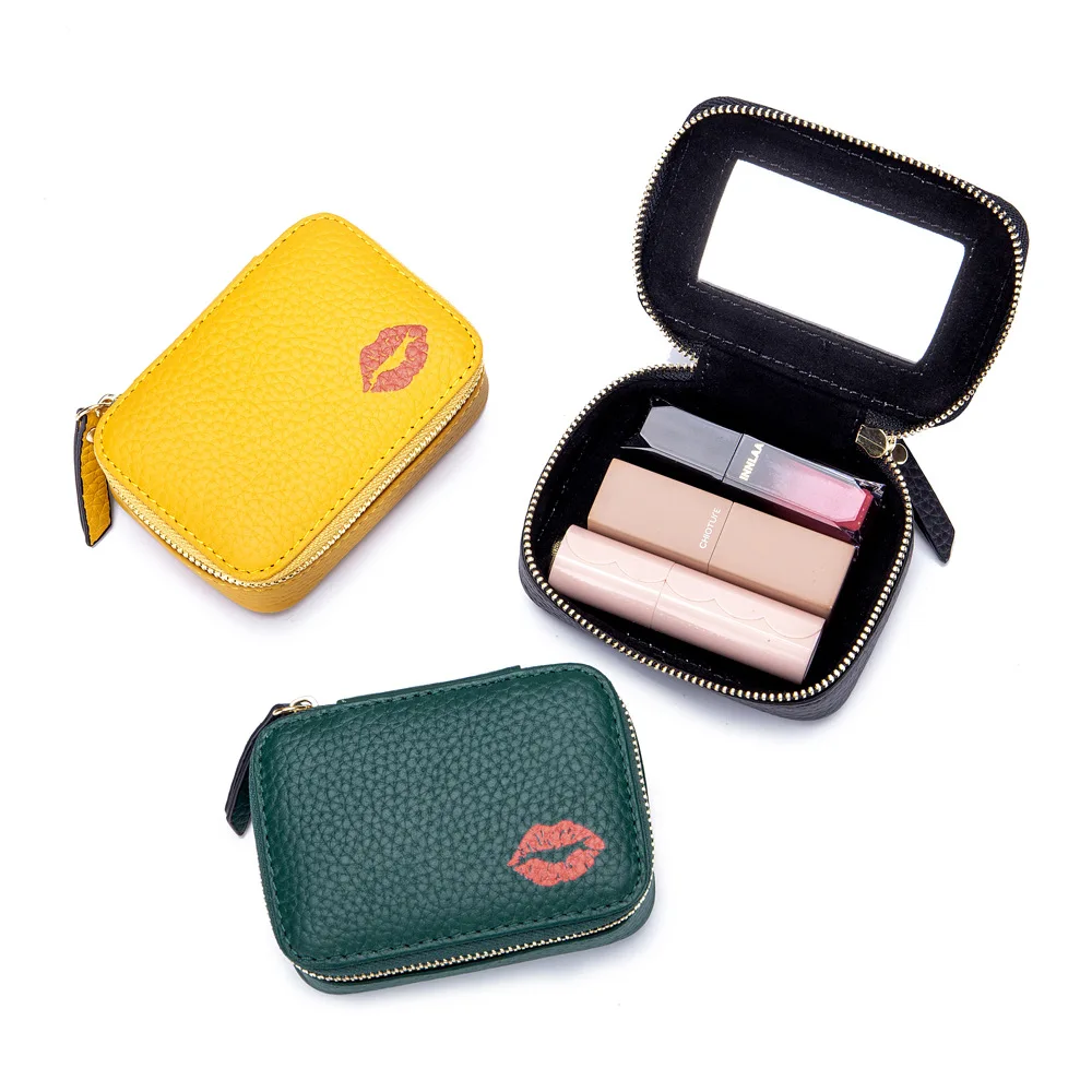 Makeup Case Lipstick Bag Leather Portable Small Mini Cosmetic Bag Female Three-in-one Lipstick Small Bag with Mirror Pouch