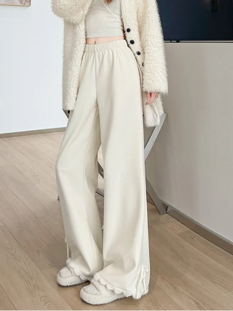 Arco em forma de lã veludo quente veludo calças largas perna para mulheres outono inverno cintura alta emagrecimento solto calças de perna reta