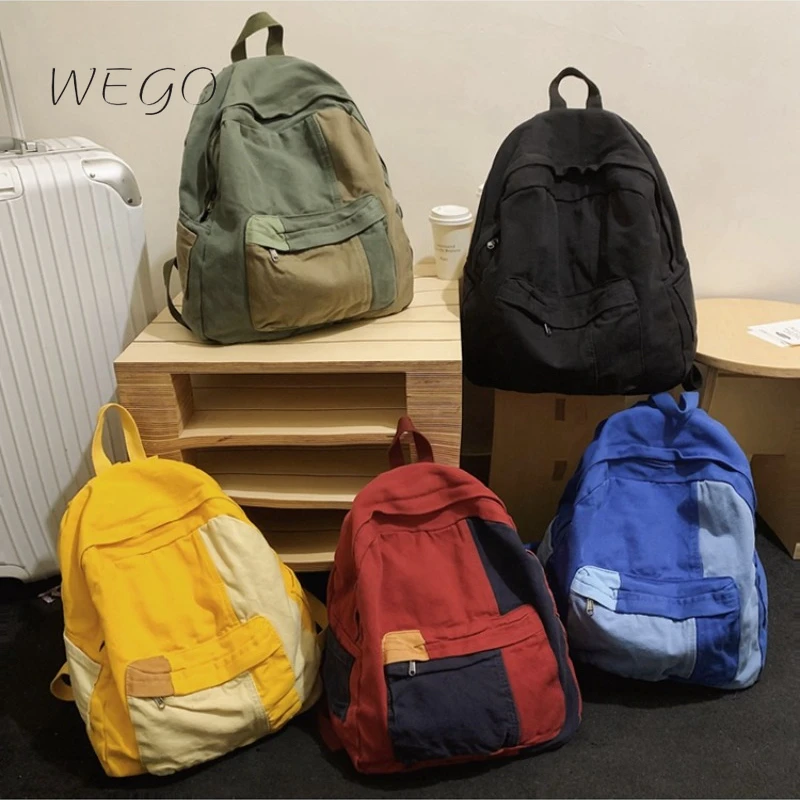 

Japanese Washed Canvas Backpack Female Large-capacity Schoolbag Ins Splicing Leisure College Students' Backpacks for Men Women