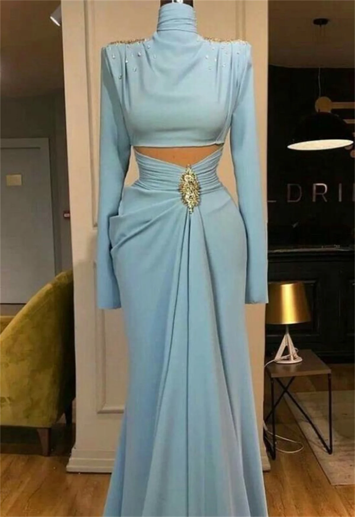 A-Line Evening Dress High Neck Long Sleeve Pleated Robe De Evening Custom Blue Leaky Waist Elegant Dress Wedding Dress Formal