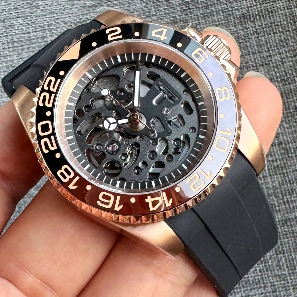 S NH72 20bar Waterproof Skeleton Hollow SEIK Rose Gold Mechanical Watch Men Curved Silicone Band Sapphire Crystal 120click