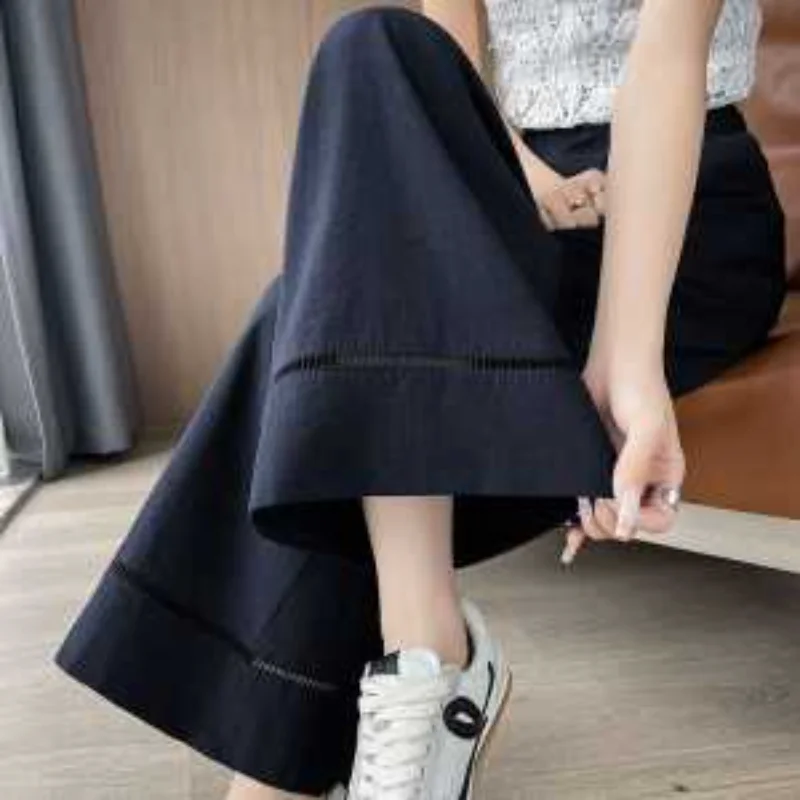 Damskie spodnie z jedwabiu lodowego i bawełny, nowe, letnie, długość 7/8, ochrona przed słońcem, koronkowe, z wysokim stanem, luźne, codzienne.