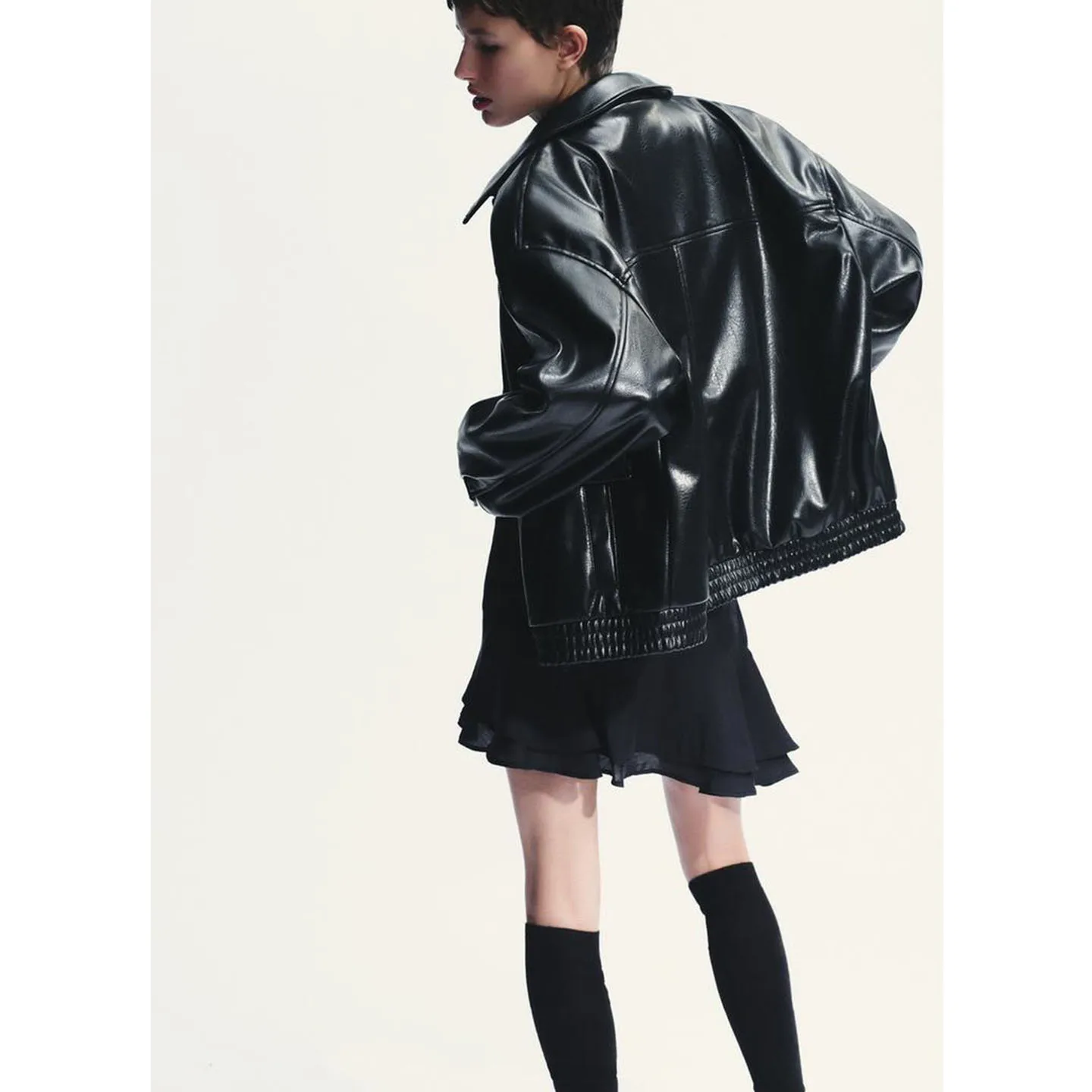خريف جديد المرأة طويلة Sve بولي Leather الجلود الطيار Jaet معطف كيت مزين بدوره إلى أسفل طوق ملابس خارجية تخفيف Sle فضفاضة تناسب