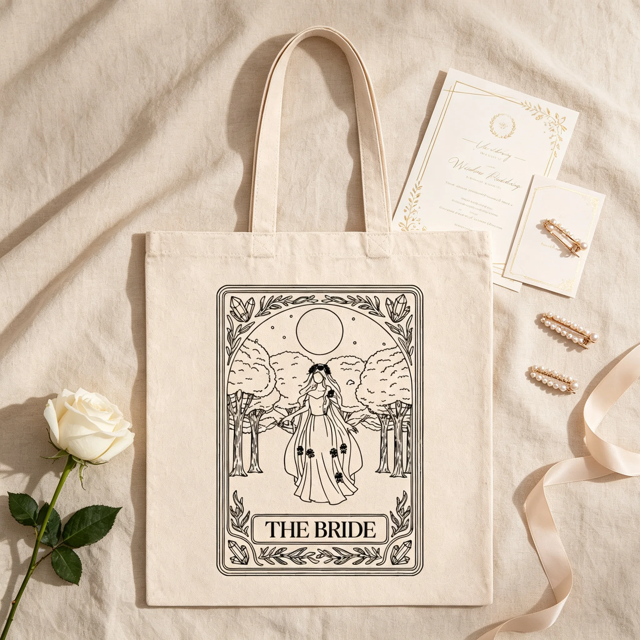 The Bride Tarot Card Canvas Tote Bag Bridal Shower Gift Vintage Line‑art Witchy Wedding Reusable Cotton Shoulder Handbag