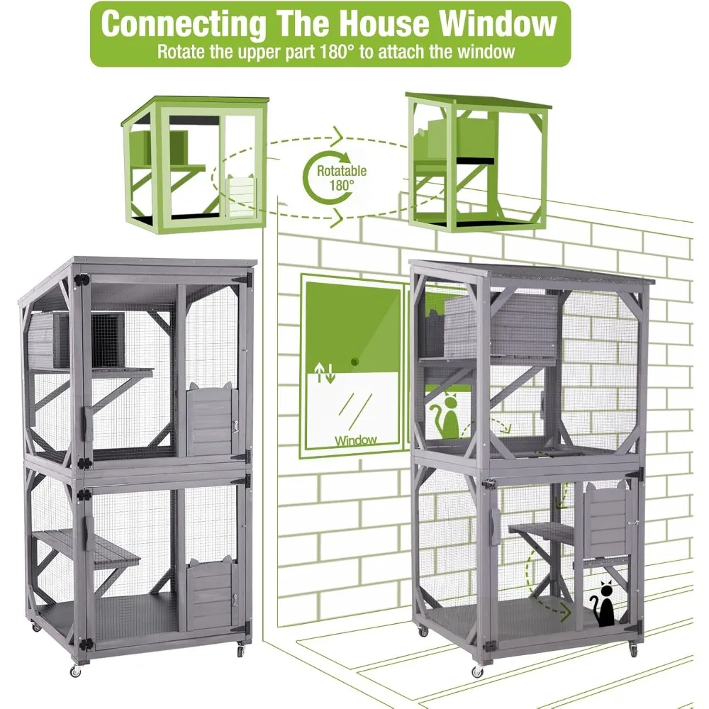 Cat House Outdoor Cage,Enclosure on Wheels,Large Wooden Kitty Catio with Resting Box,PVC Layer,Fir Cat Beds