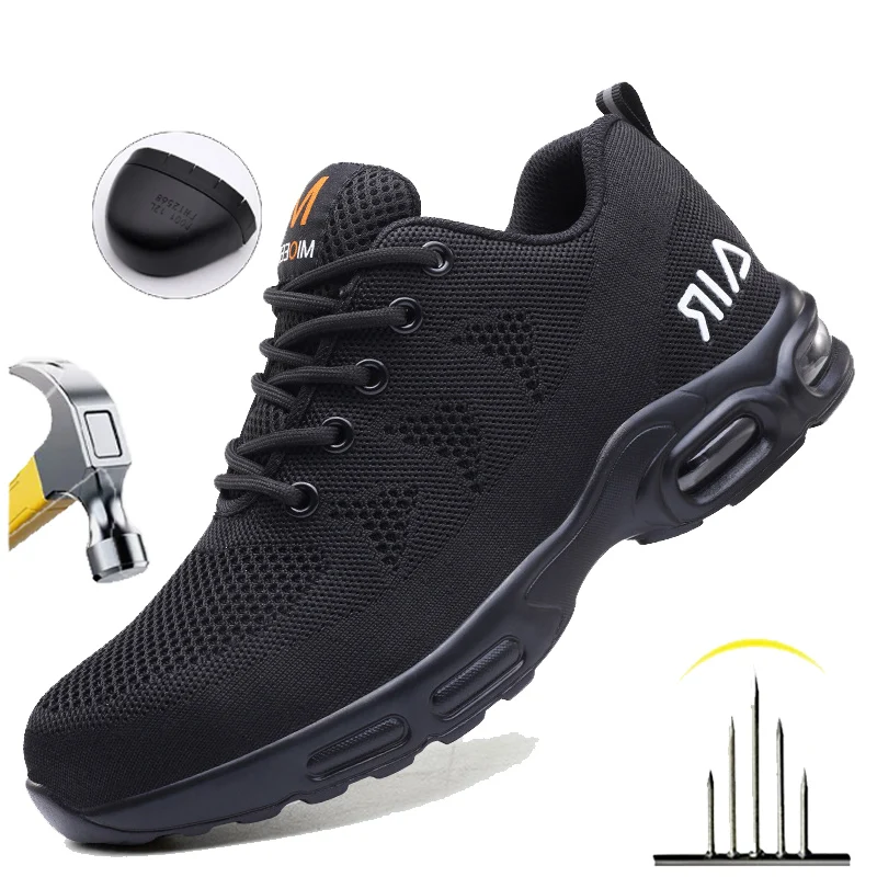 Men's Anti-Puncture Safety Boots Steel Toe Lightweight Breathable Indestructible Shoes Soft Upper All-Season Casual Hiking Shoes