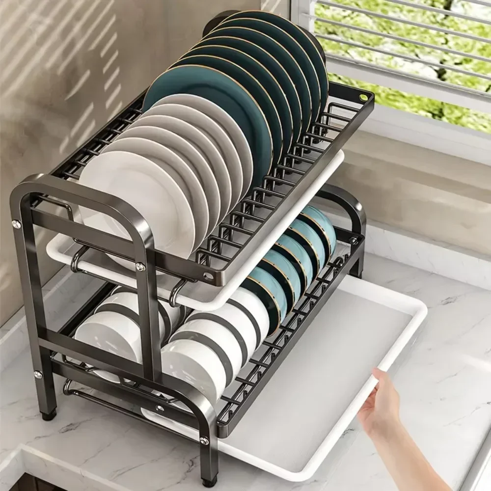 2025 NEW Dish Drying Rack 2-Tier Bowl Racks Large Rust-proof Dish Drainer with Utensil Holder Multi Layer Kitchen Utensil