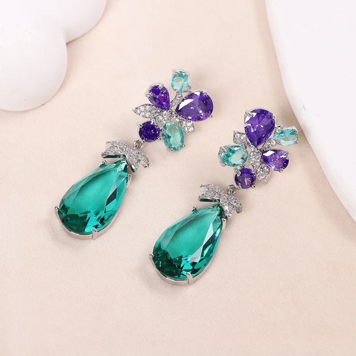 Blue Diamond Flower Set Big Water Drop Baby blue Zircon Luxury Crystal Earrings