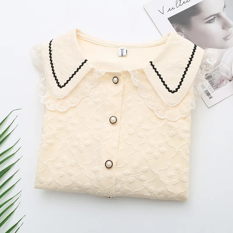 Camisa de encaje con cuello Peter Pan para mujer, ropa informal de talla grande, blusas de manga abombada, Tops F33 66155