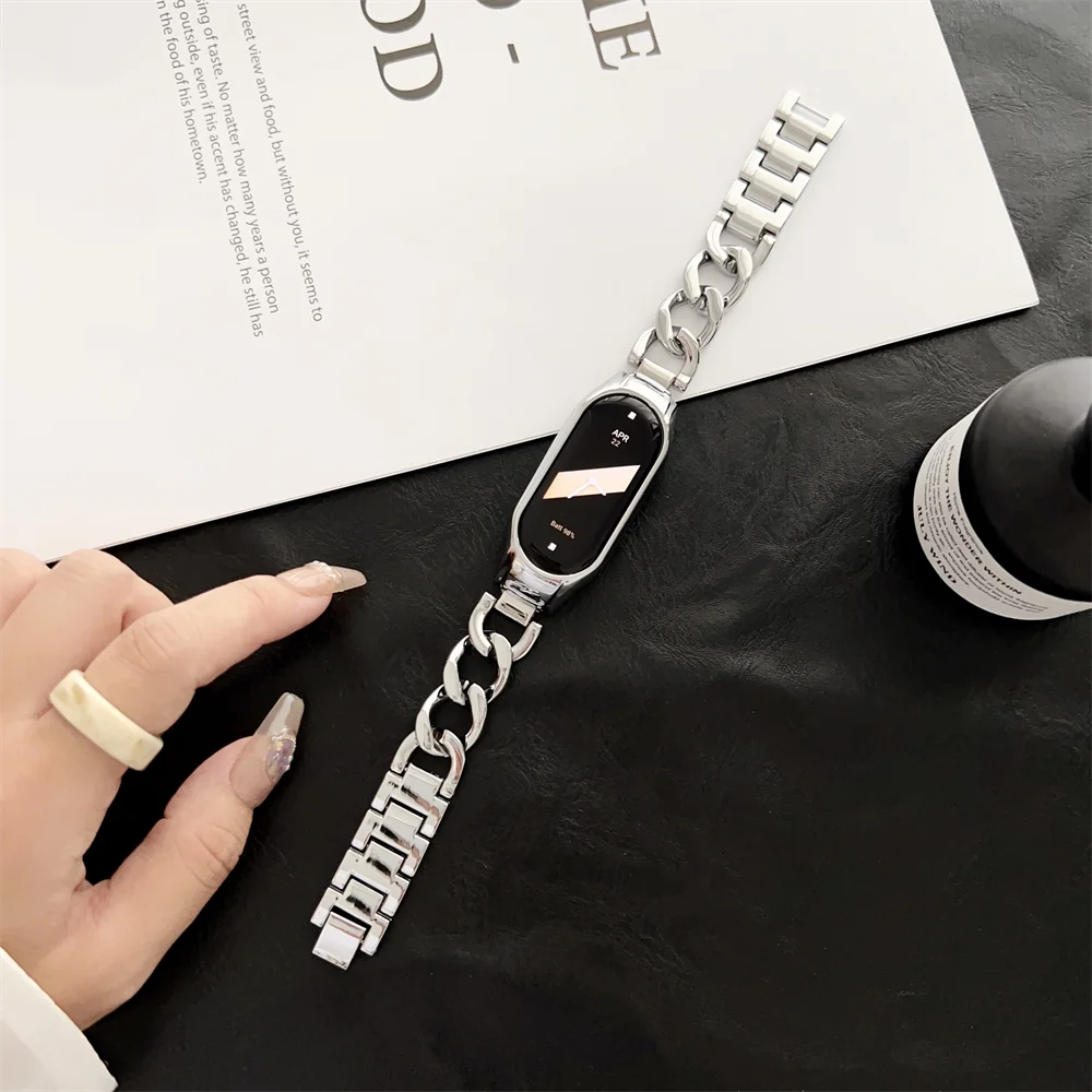 حزام معدني ل شاومي Mi الفرقة 8 7 6 5 4 3 موضة الدنيم سلسلة الفولاذ المقاوم للصدأ سوار ل Miband 5 6 4 3 استبدال معصمه
