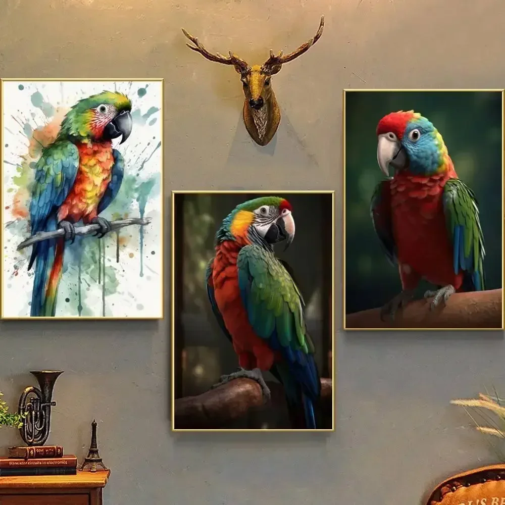 Vintage Parrot Business Suit Cigar Parrot Watercolor Perch Art Poster Self-adhesive Art Waterproof Paper Sticker House Room
