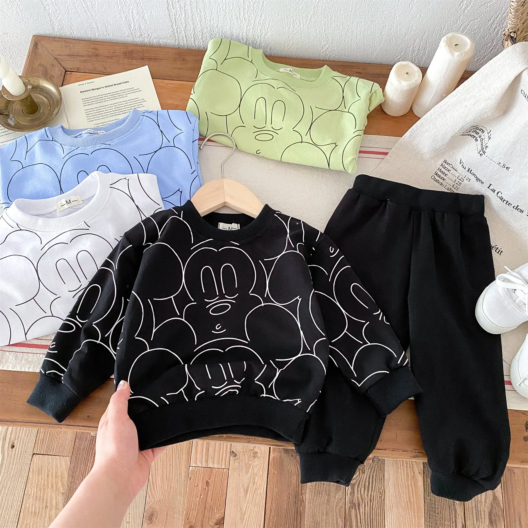 Black Print Mickey Cartoon Sweatshirt Set Baby Clothes Long Sleeve Tops + Sweatpants 2piece Outfits Toddler Costume Tracksuits