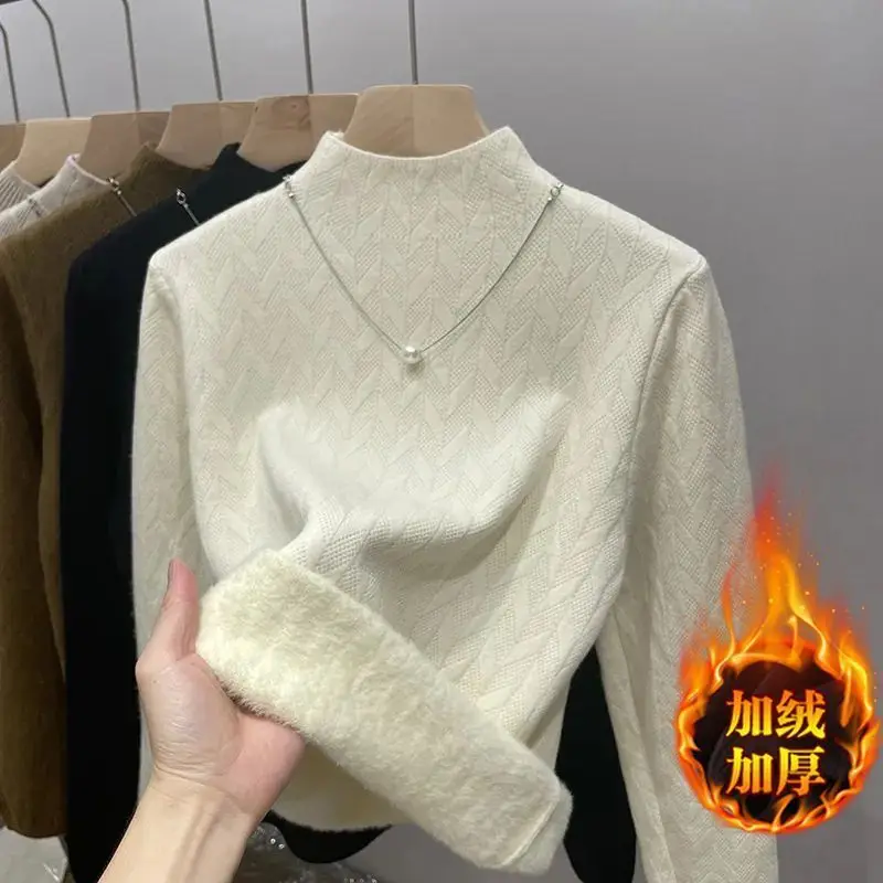 Suéter para mujer, invierno, forro de terciopelo de felpa, grueso, medio cuello alto, jersey de rayas Jacquard agradable para la piel, Tops térmicos, suéter