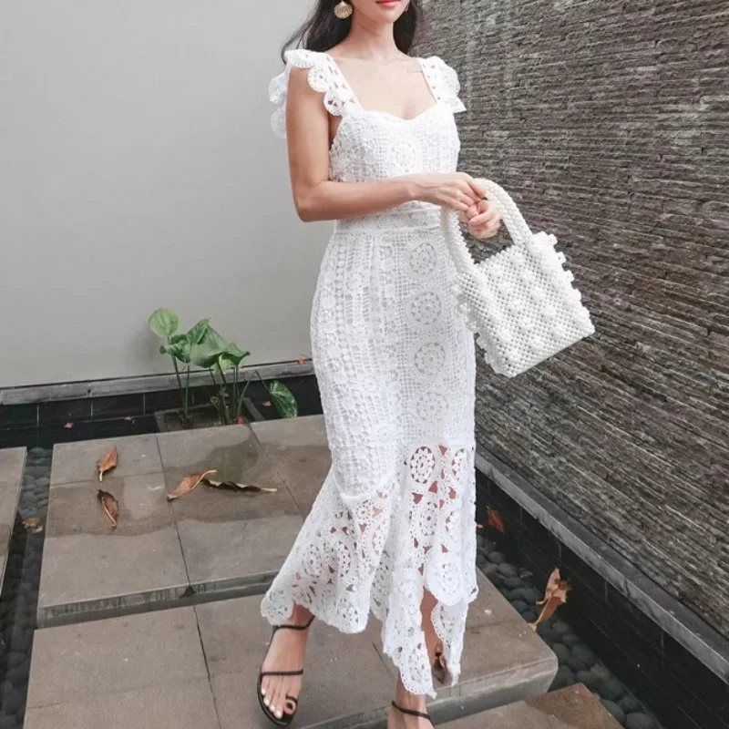 White Elegant Women Dress Summer Vacation Slash Neck Flora Embroidery Womens Clothing Runway Design Bodycon