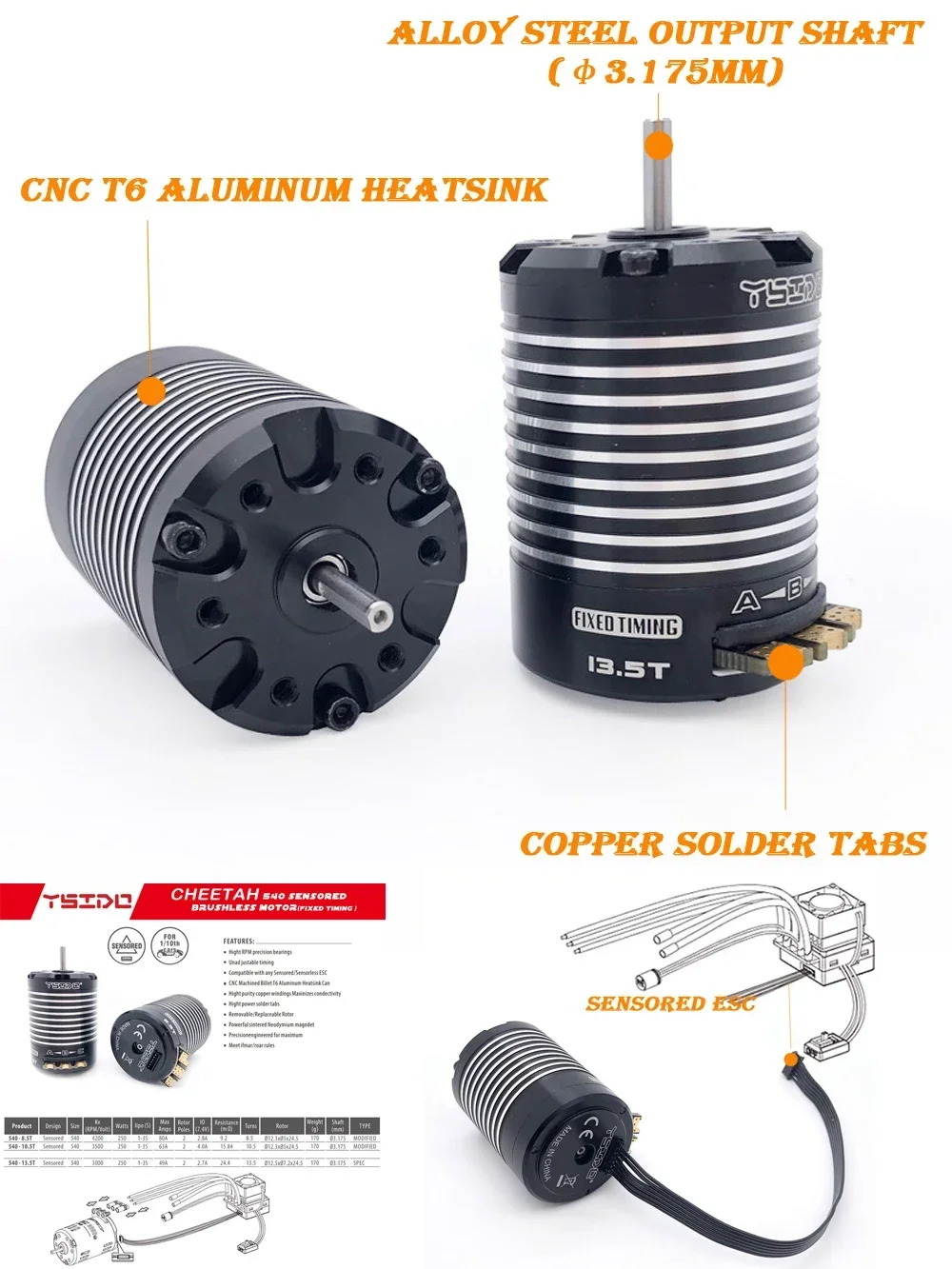 540 8.5T 10.5T 13.5T CHEETAH Silnik indukcyjny Hobbywing 10BL120 ESC do modyfikowanych modeli Spec Stock 1/10 1/12 RC Drift Car