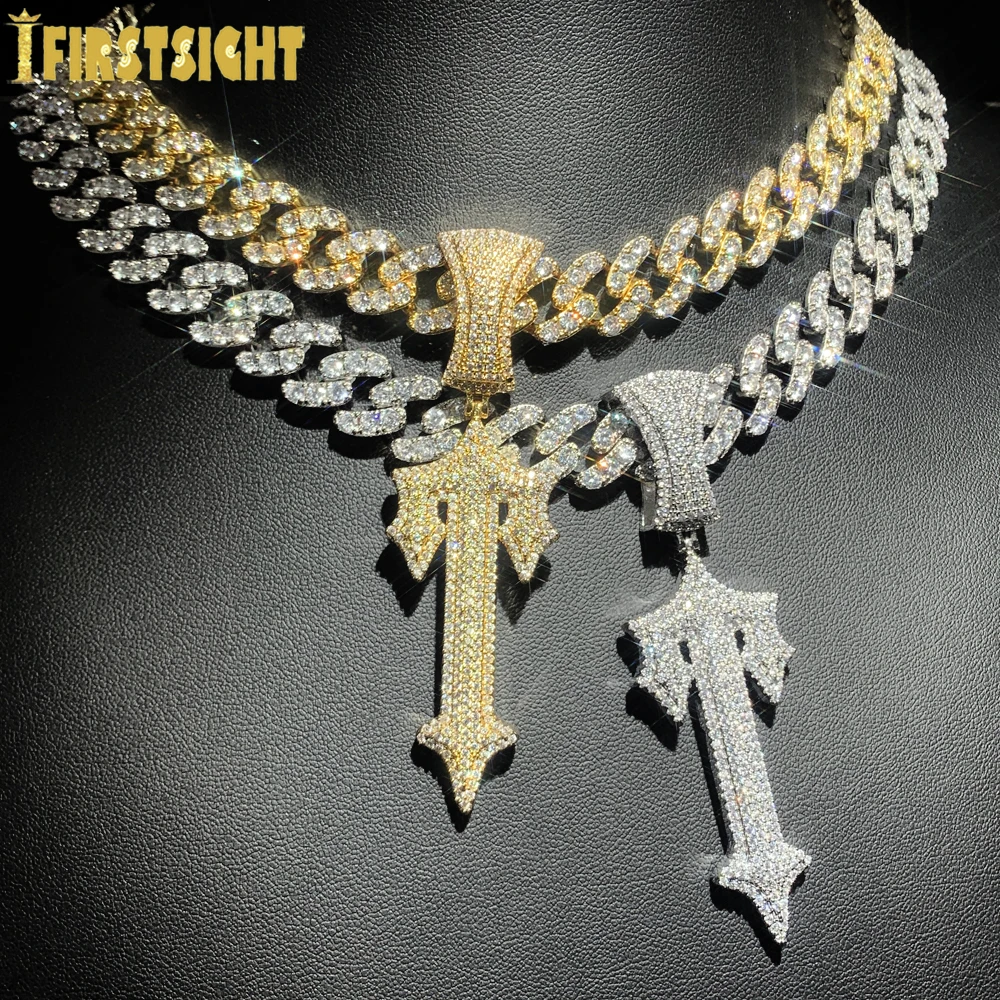 

New Hip Hop Luxury Cross Sword Pendant Necklace Iced Out Bling Cubic Zirconia Charm With 12MM Cuban Chain Men Women Jewelry