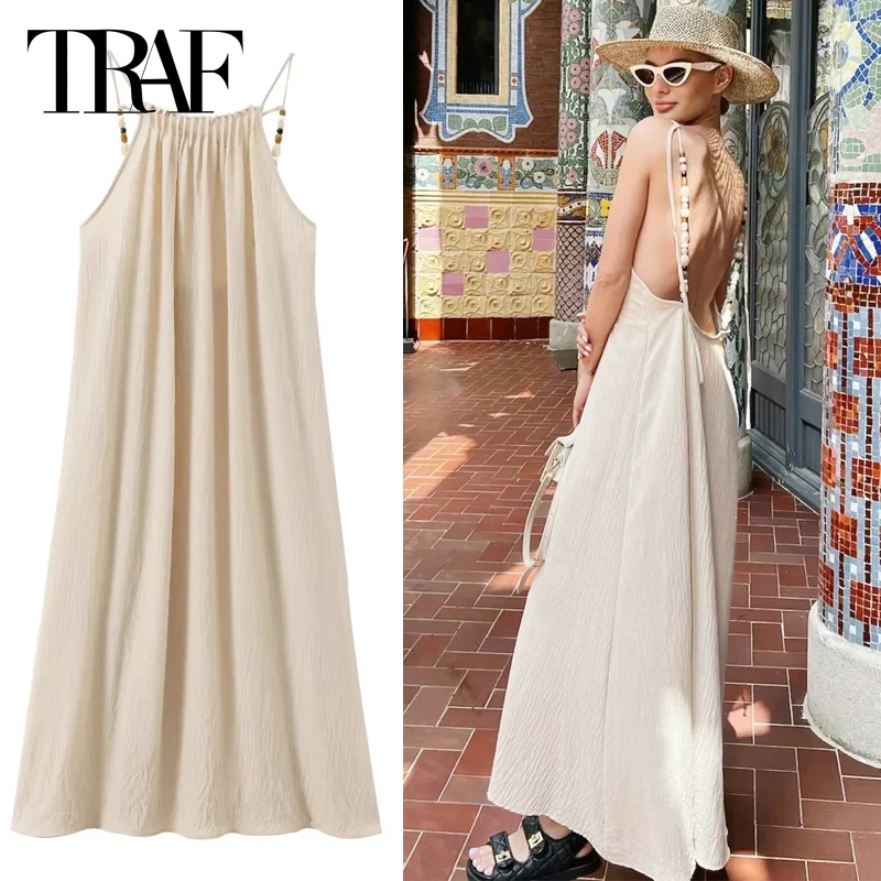 TRAF Womens Sleeveless Backless Dresses Summer 2024 Beads Linen Slip Dresses Fashion Bow Lace-Up Long Dress Beach Vacation Dress