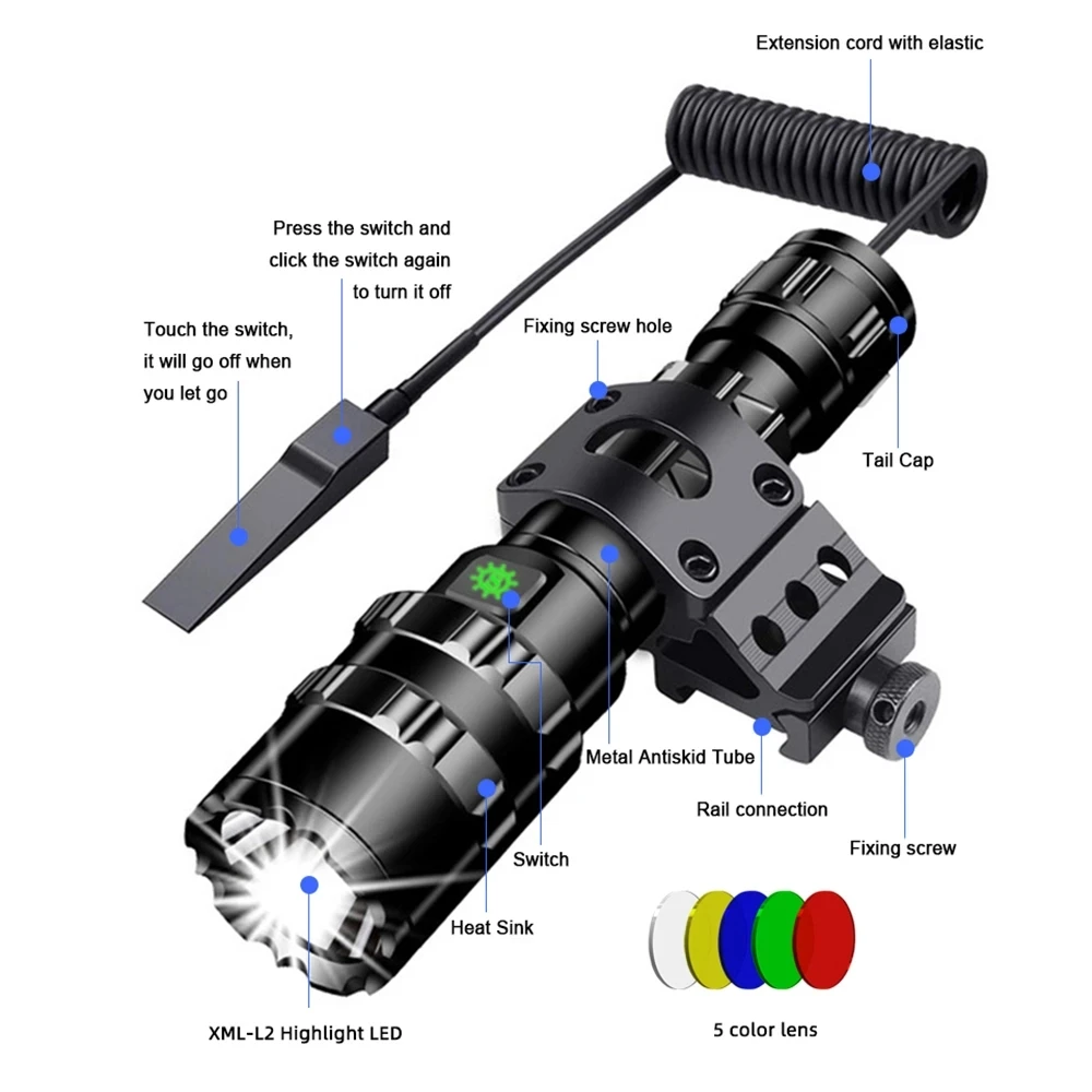 LED Tactical Hunting Torch Flashlight L2 18650 Aluminum Waterproof Outdoor Lighting with Gun Mount +Switch USB Rechargeable Lamp