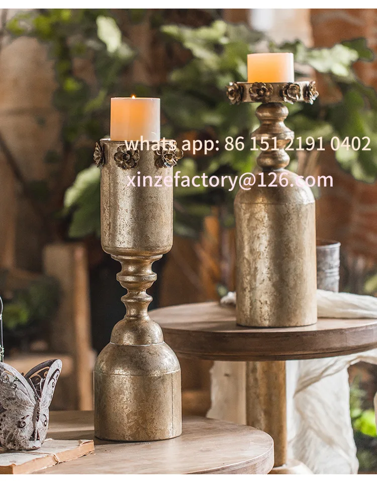 Customizable retro export European and American handmade old-fashioned wrought iron flower arrangement candlestick pair