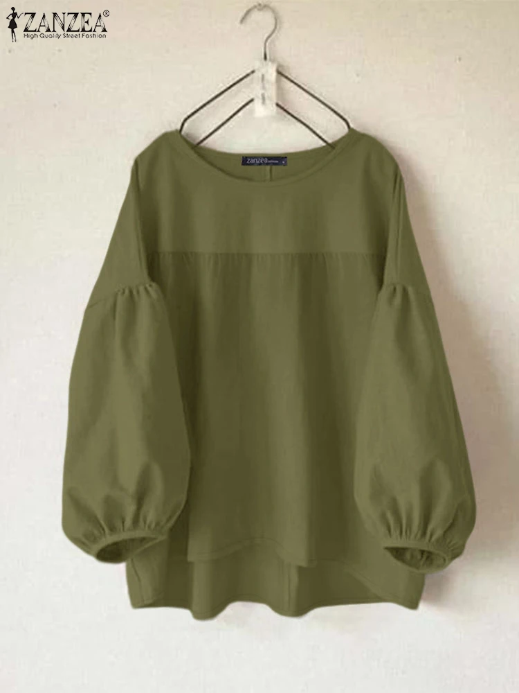 

ZANZEA Womens Casual Loose Blouses Fashion O-Neck Lantern Sleeve Gathered Detail Blusas Mujer 2025 Summer Solid Color Tunic Tops