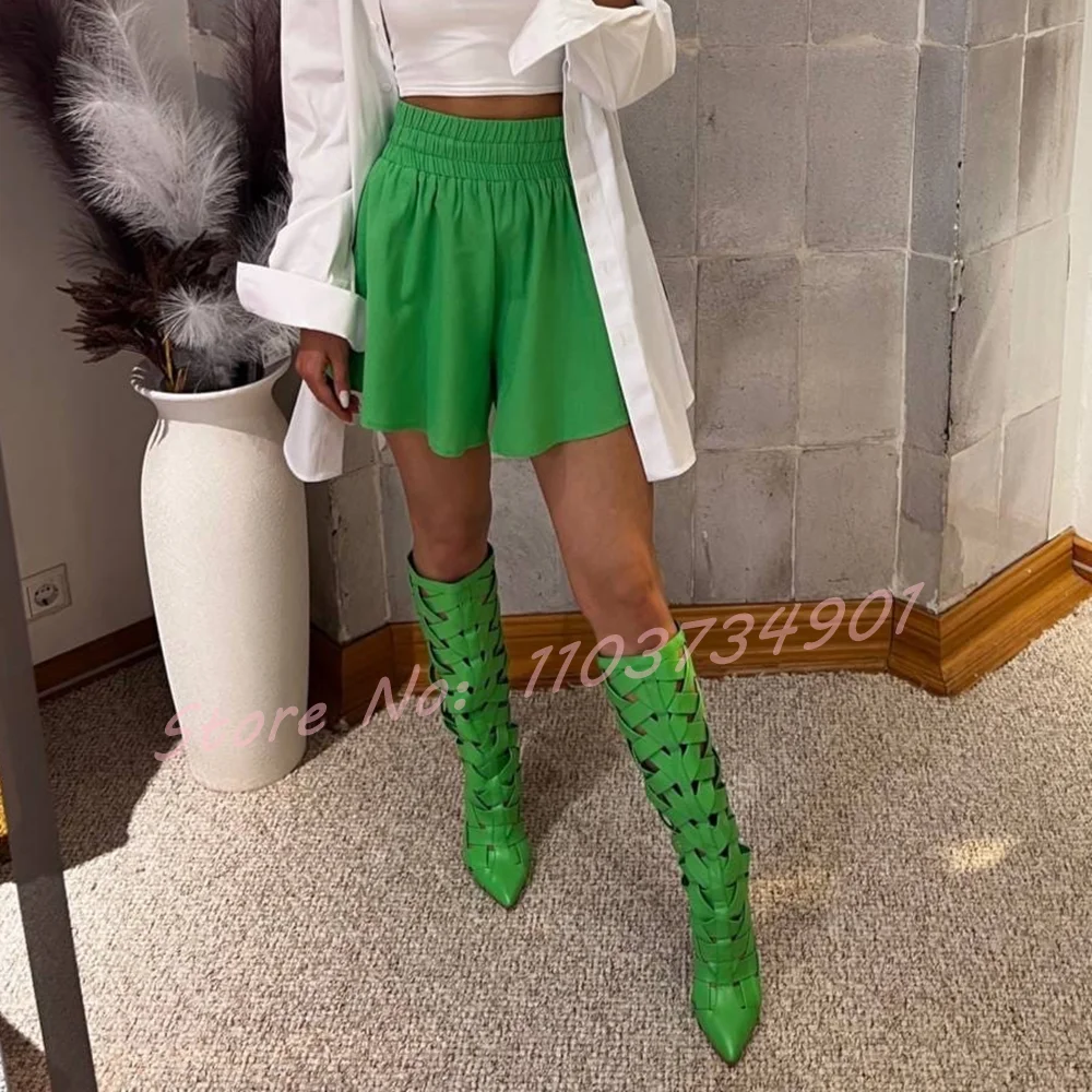 Weave Hollow Pointy Toe Knee Length Boots Women Party Fashion Thin High Heeled Sandals Ladies Sexy Chic Breathable Modern Boots