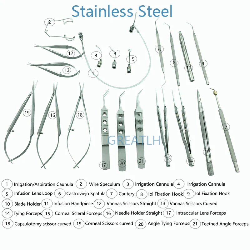 21Pcs/set Cataracl and Intraocular Lens Implantation Micro Instruments Set with Box Ophthalmic Veterinary Surgery Tools