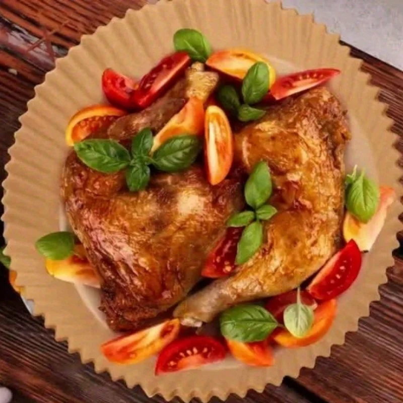 50Pcs Round Air Fryer Disposable Paper Liners, Oil-Proof Non-Stick Kraft Parchment Papers, High Heat Resistant, Pre-Crim