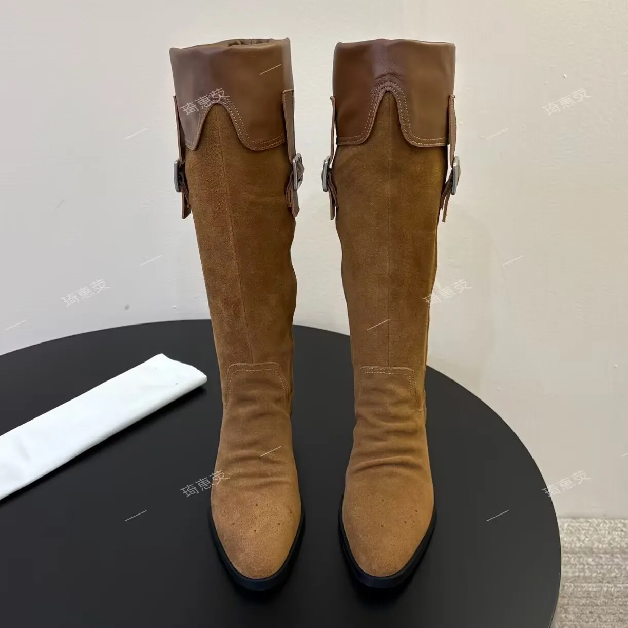 Top-Quality British-Style Belt-Buckle Riding Boots Winter Pointed-Toe Low-Heeled Long Boots Genuine Leather Biker Boots