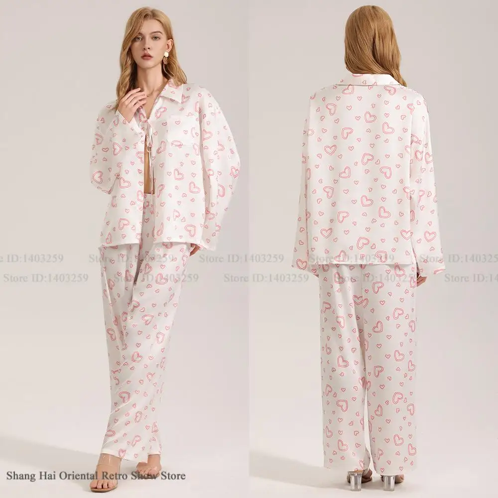 

Sweet Print Love Pajamas Set Women's Sleepwear Spring Autumn Long Sleeve Trouser Suits Pyjama Femme Loose Ice Silk Homewear