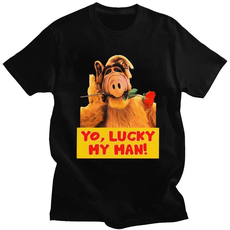 Custom Mens ALF Lucky My Man T Shirt Short Sleeve Cotton Tshirt Streetwear T-shirt Casual Alien Life Form Tees Slim Fit Clothes