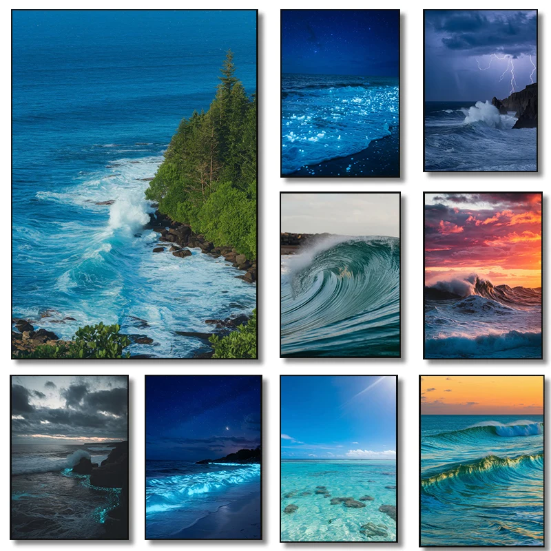 1pc frameless Canvas Painting Tropical Ocean View Posters Wave Curl Bioluminescent Waves Modern Prints Canvas Painting Wall Art