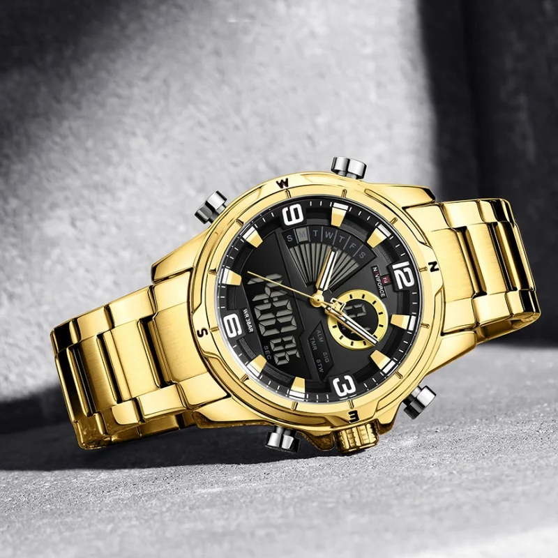 NAVIFORCE Men's Multifunctional Watch With Date LED Luminous Mode 3ATM Waterproof WatchStainless Steel Watchband Double-Display