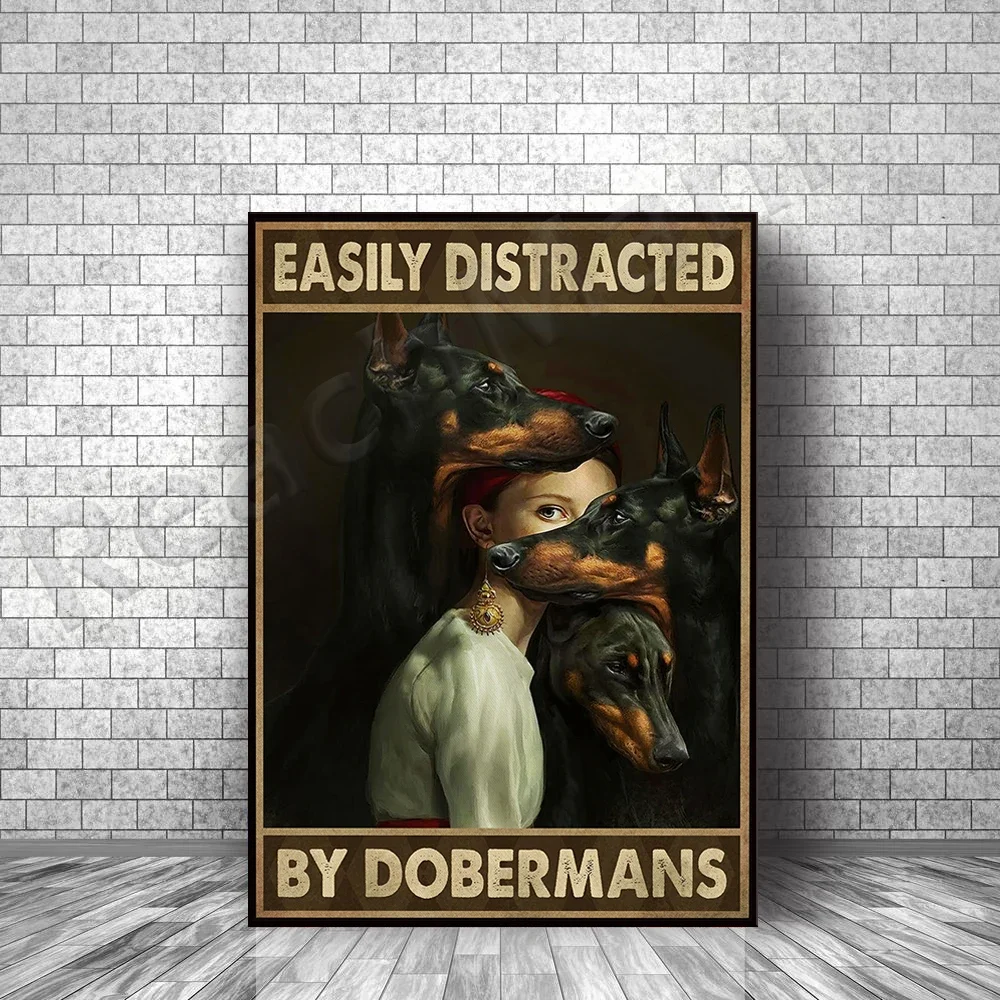 Easily distracted by doberman poster, doberman and girl painting wall art, doberman mom print, gift for dog lovers