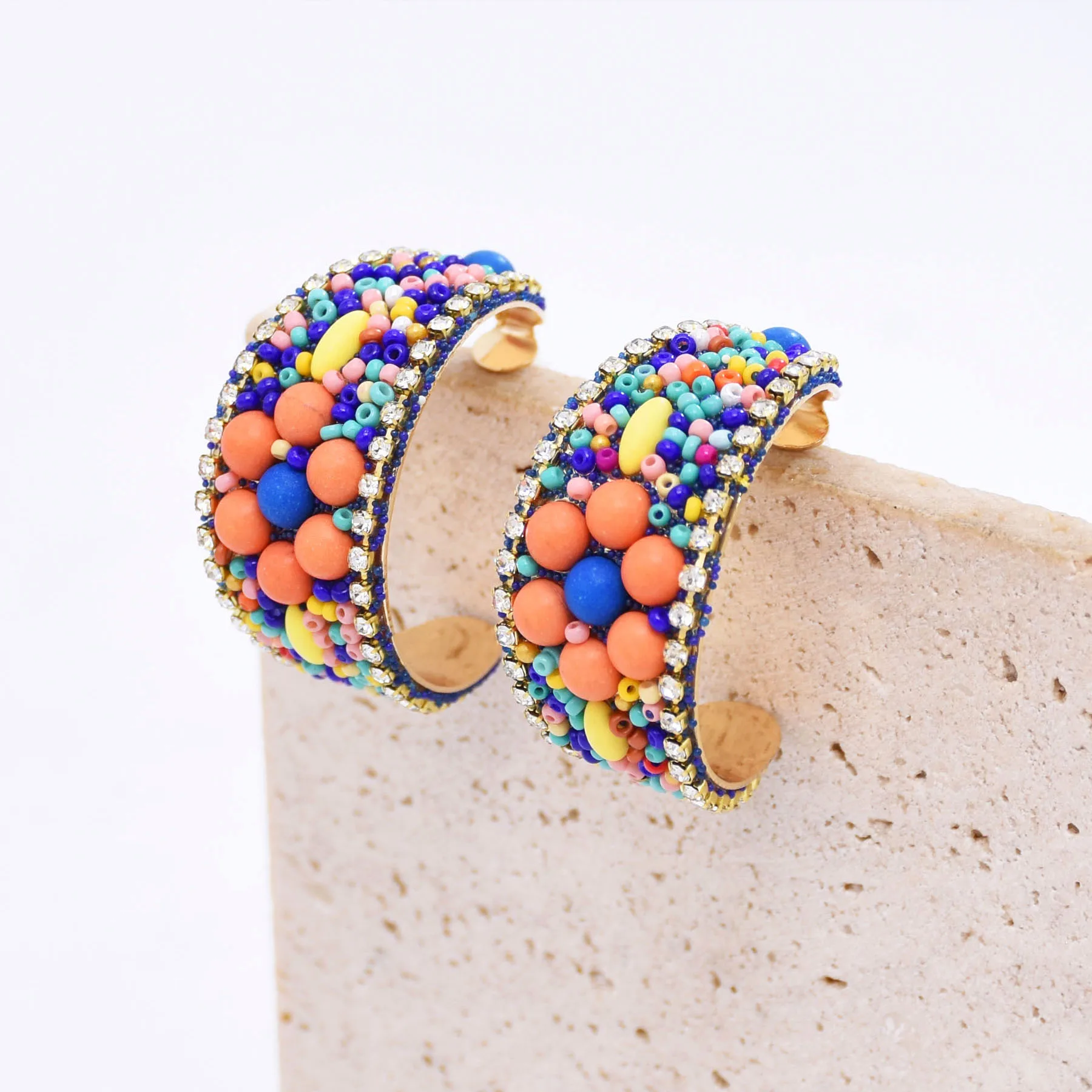 البوهيمي اليدوية الأقراط واسعة الفيروز زهرة البذور حبة حجر الراين مجوهرات الإناث العرقية القبلية العربية التركية الغجر الإكسسوار