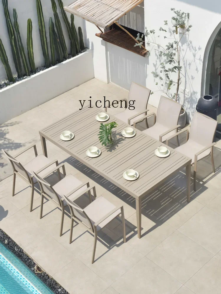 outdoor table and chair patio with umbrella aluminum-plastic anticorrosive wood large table and chair combination