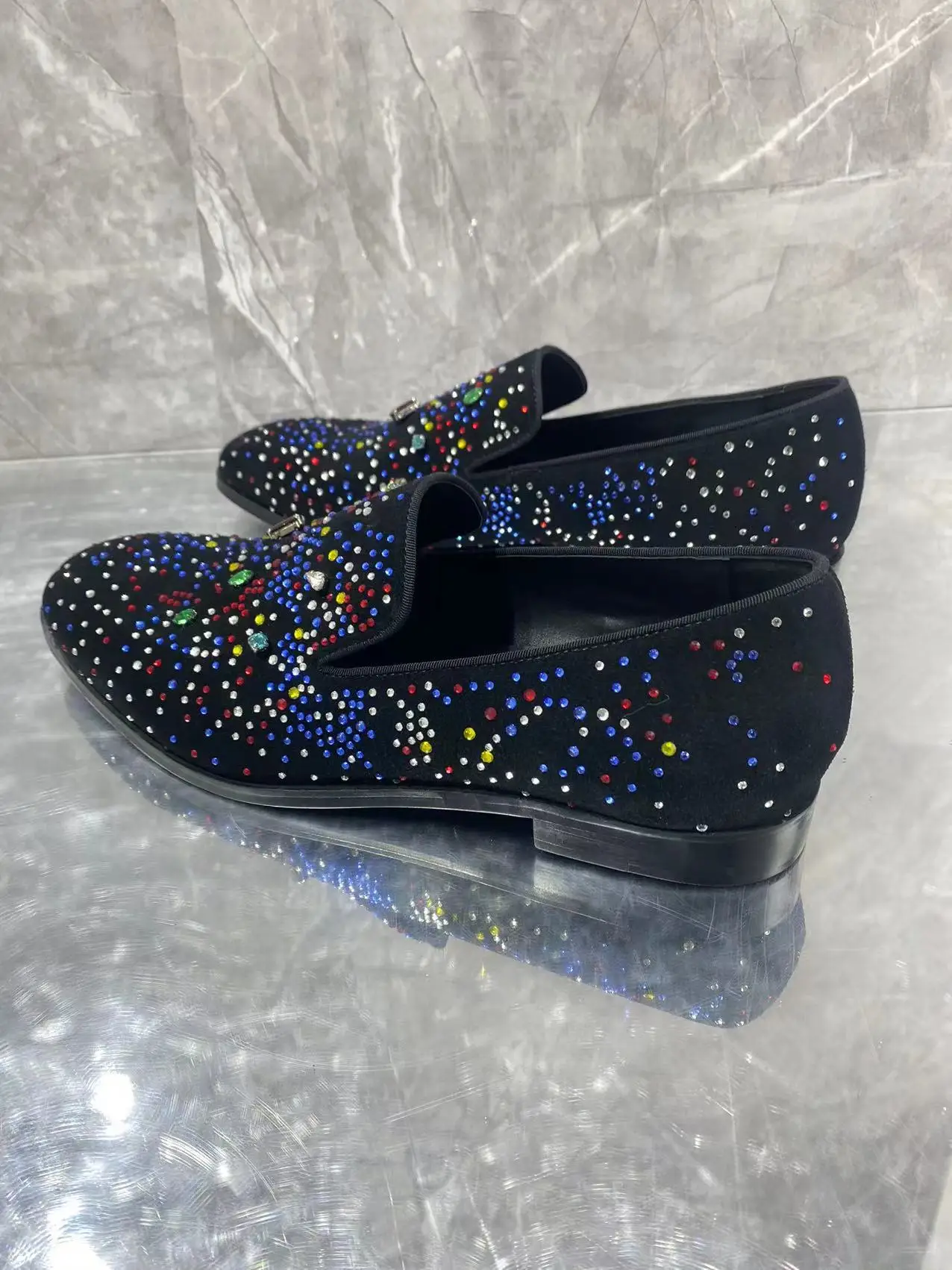 Fashion Men\'s Bling Sequine Loafer Shoes Round Toe Slip On Low Heel Male Slip On Spring Autumn Party Wedding Show Single Shoes