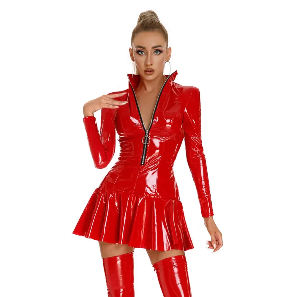 Womens Zipper Stand Collar Glossy Latex Slim Mini Pleated Dress Black Red Wetlook Leather Dress Pole Dance Raves Party Outfit