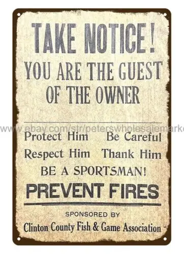 Clinton County PA Fish Game Prevent Fires metal tin sign metal grocery sign