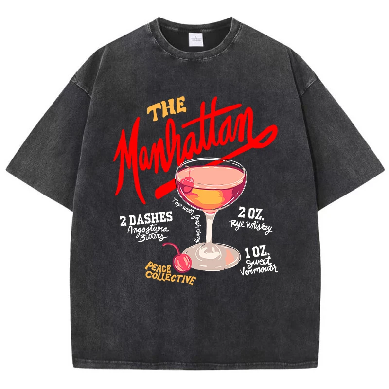 Oversized Women Washed T-Shirts The Manhattan Cherry Cocktail Printed Tee Shirts Distressed Crewneck Cotton Tees Fashion Clothes